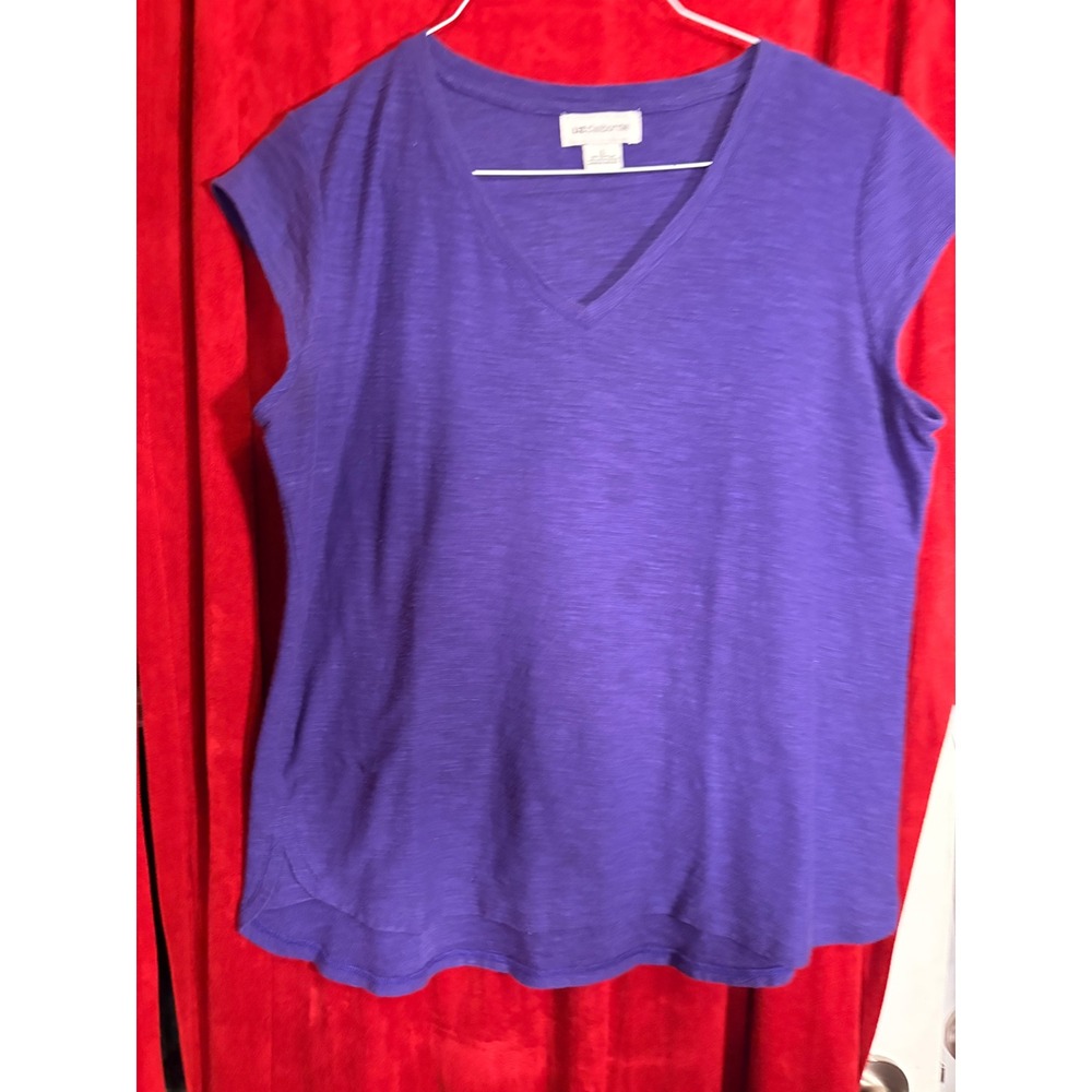 Liz Claiborne V-Neck T-Shirt Women Size L Purple Good Slub Knit Cap Sleeve